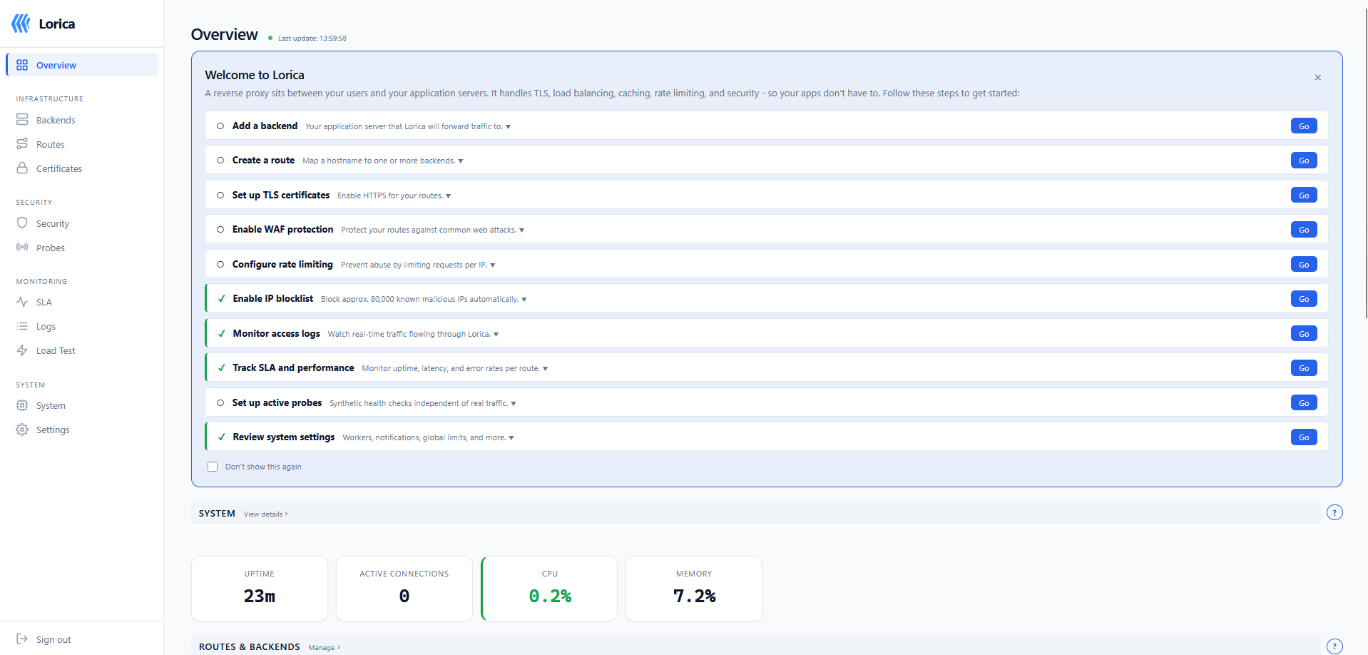 Lorica - guide de démarrage interactif avec checklist